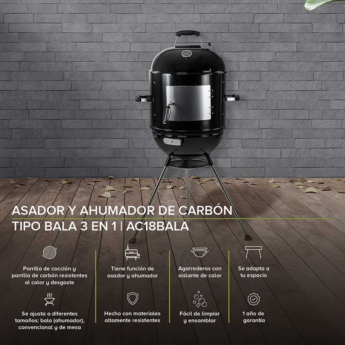 Ahumador y asador de carbón tipo bala 3 en 1