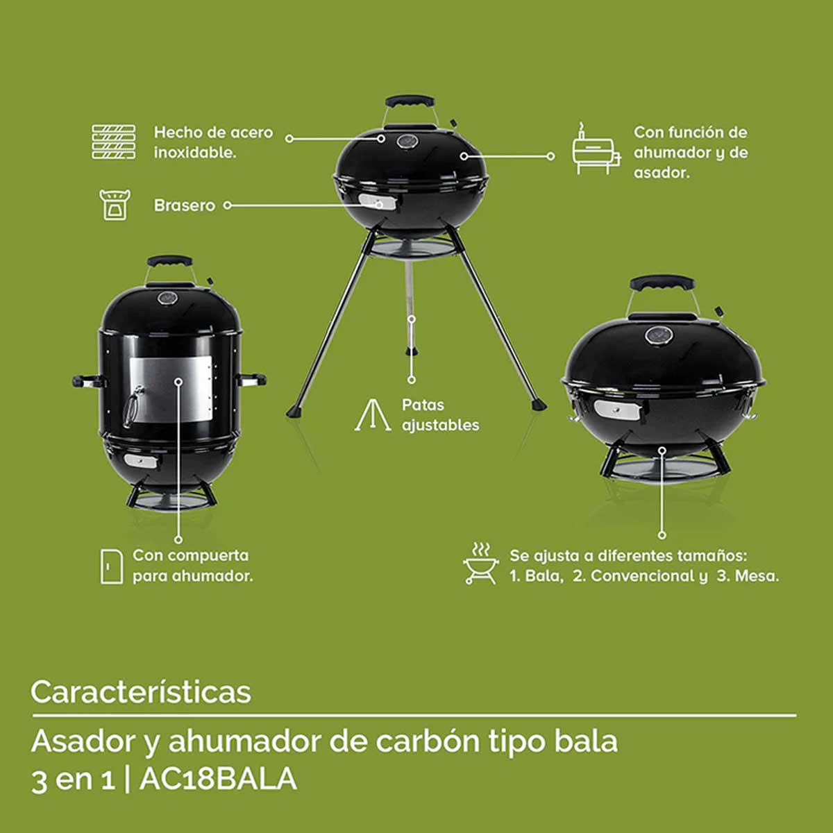 Ahumador y asador de carbón tipo bala 3 en 1