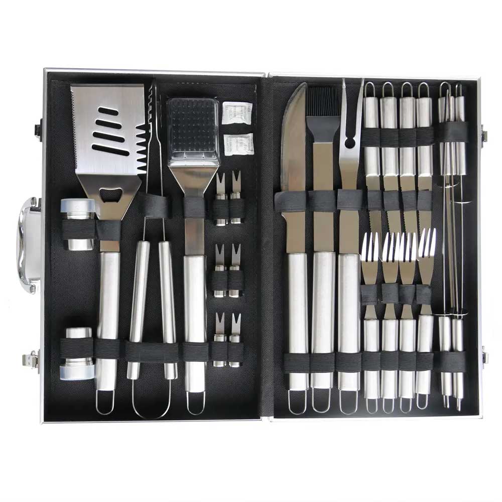 Juego de 24 Accesorios de Acero Inoxidable para Parrilla con Estuche de Aluminio