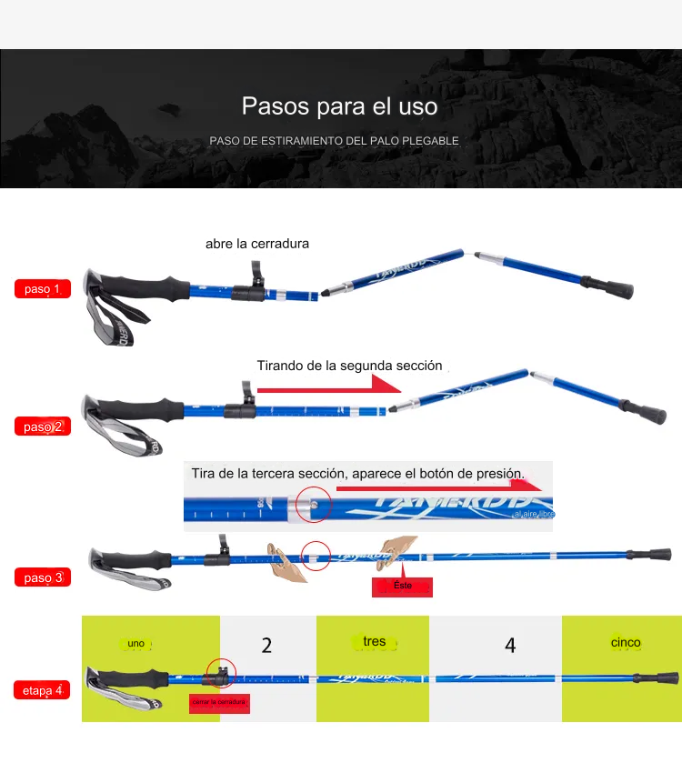 1 Bastón Senderismo de Aluminio Ultra Ligero de 5 secciones