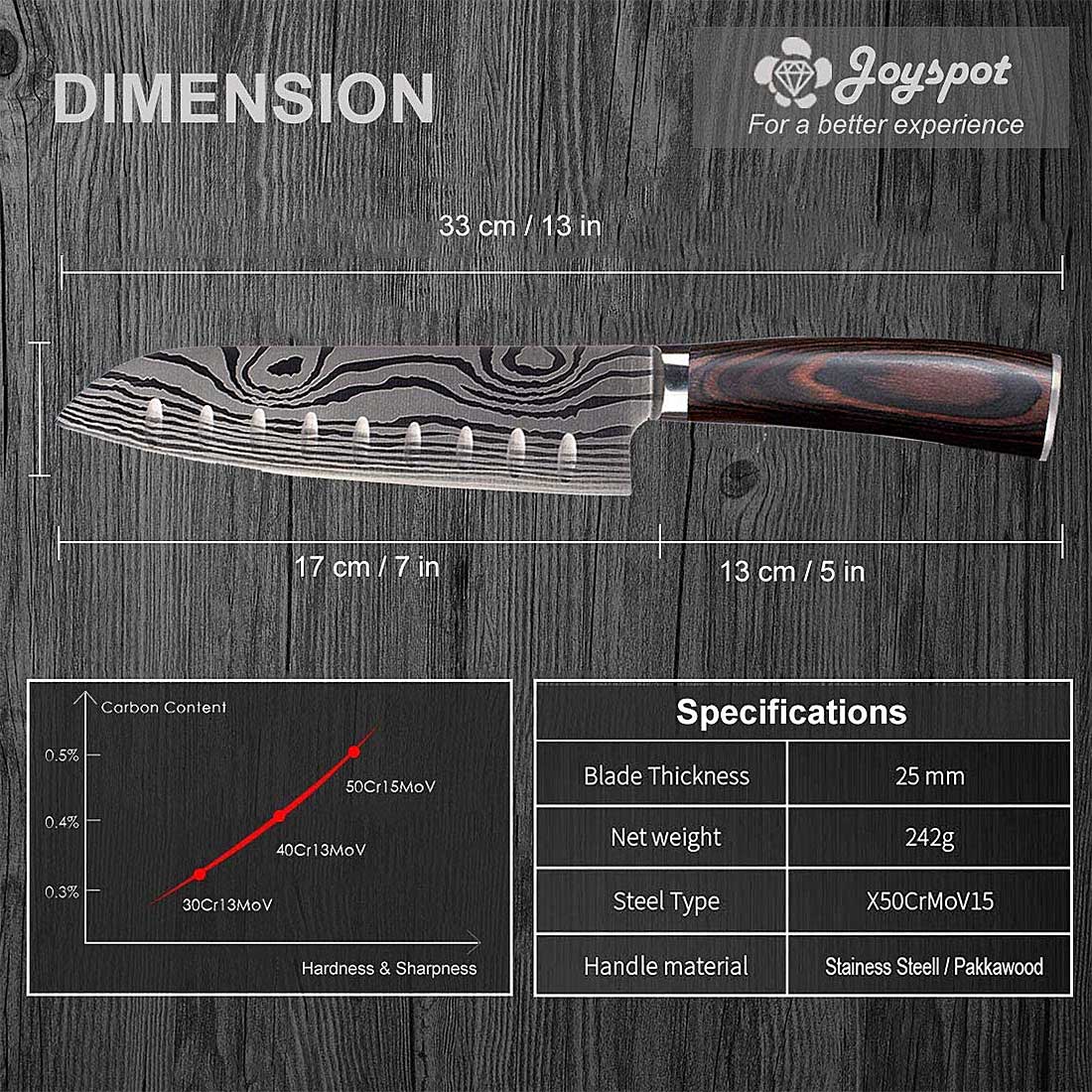 Cuchillo Santoku JOYSPOT de 7 pulgadas con hoja afilada de acero inoxidable alemán - herramienta de corte perfecta para tu cocina.