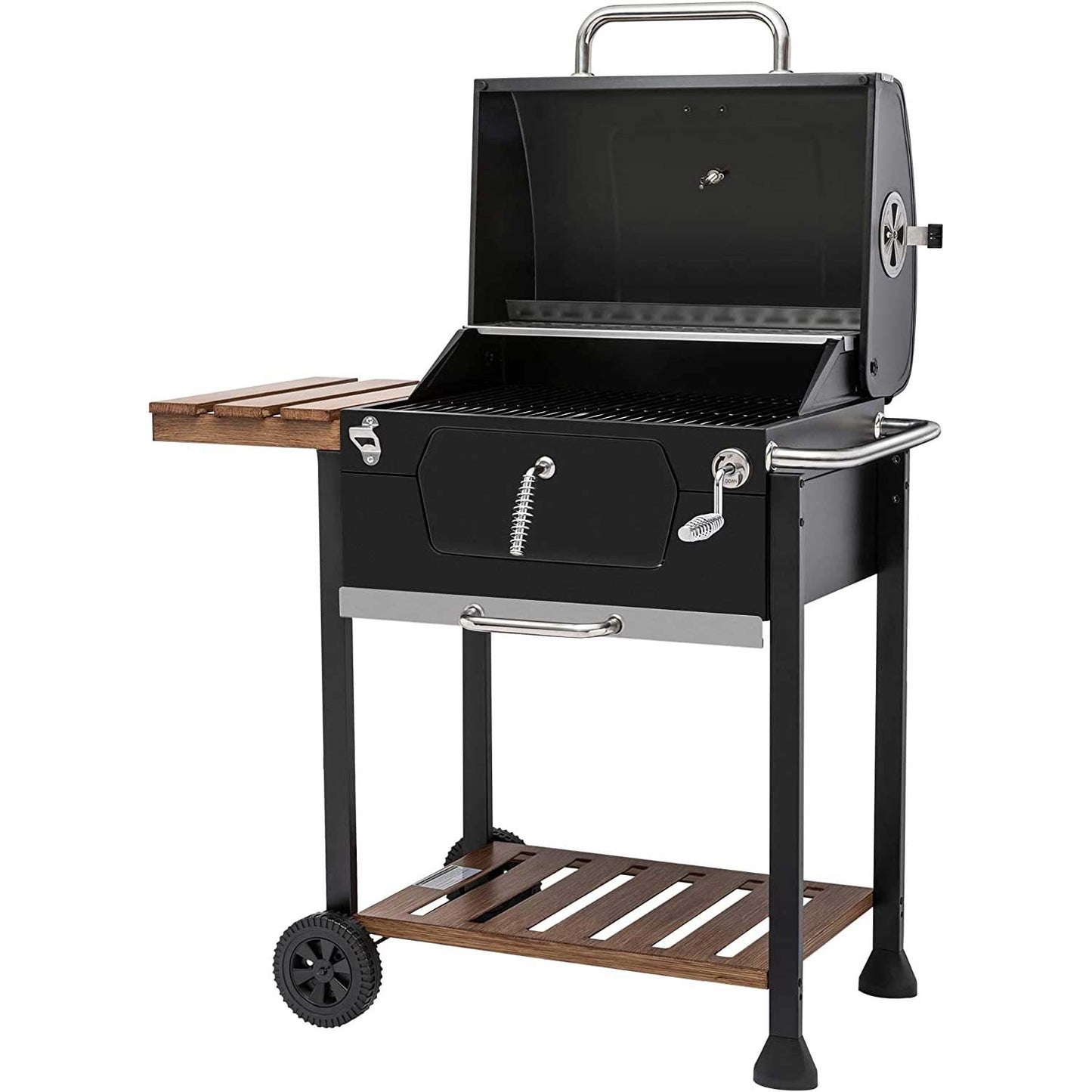 Asador con 24 pulgadas de diámetro y una mesa plegable para facilitar su transporte.