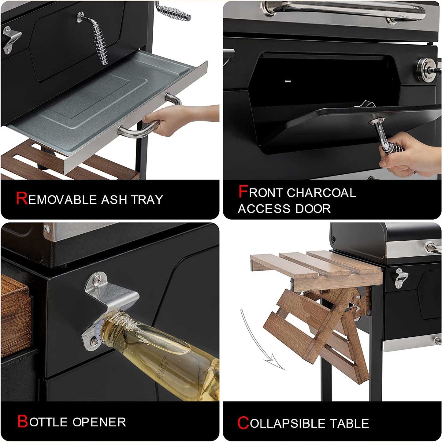 Asador de carbon con cenicero galvanizado y destapador de botella incluido