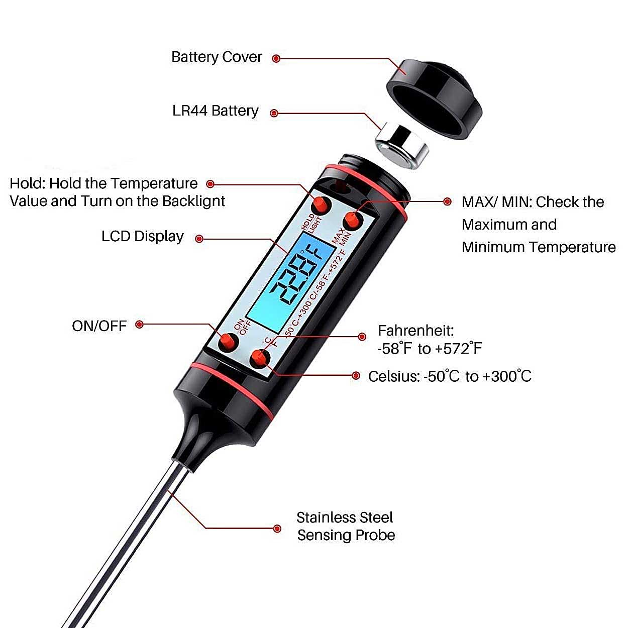 Termómetro Digital para Parrilla AVEDISTANTE: pantalla LCD, resistente al agua, sonda de acero inoxidable, amplio rango de temperatura.