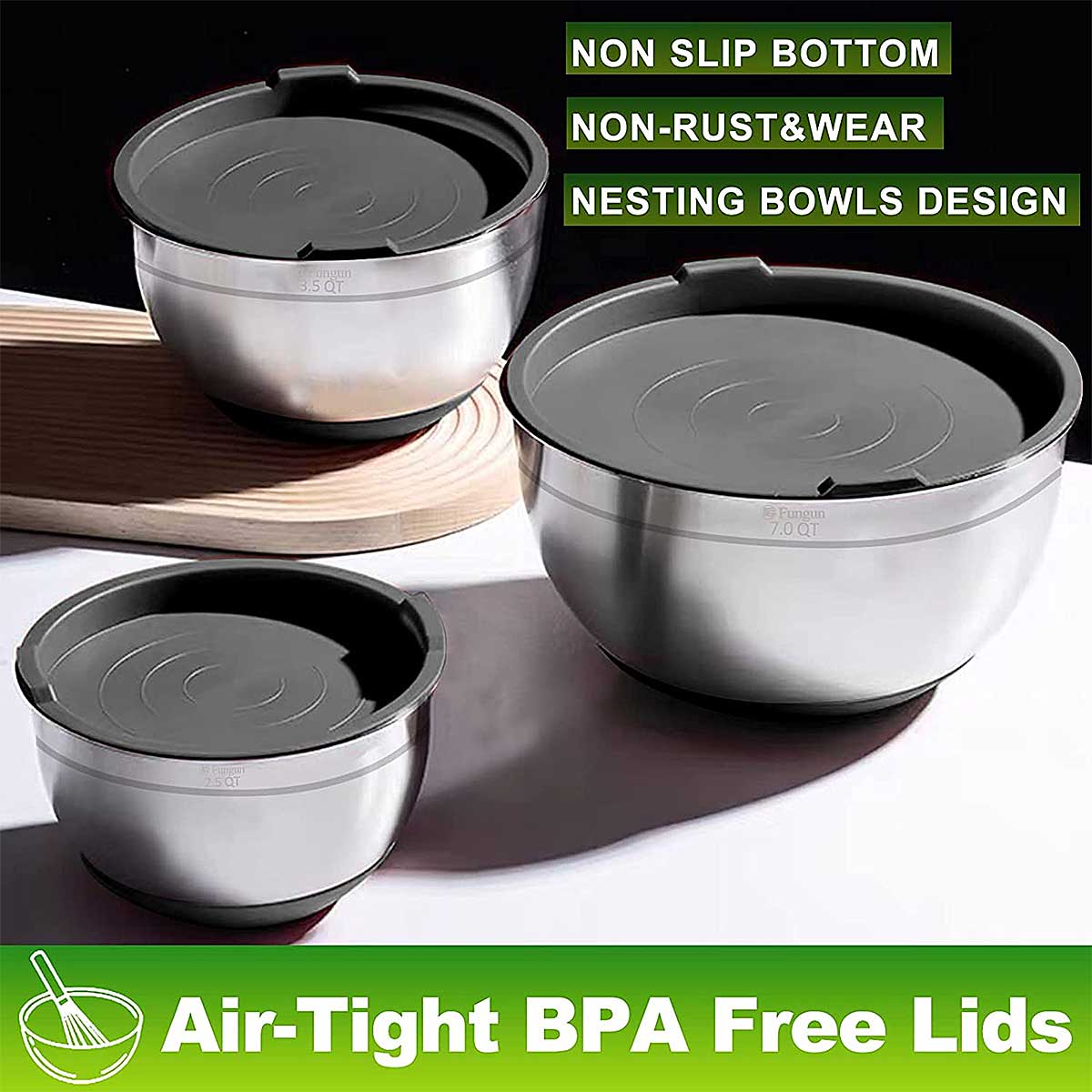 Set de 3 Bowls Fungen en Acero Inoxidable con Accesorios