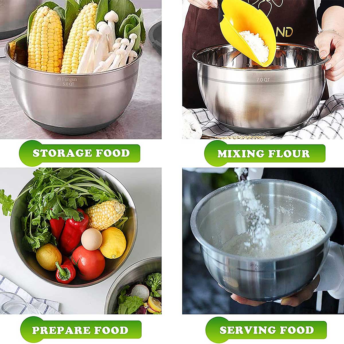 Set de 3 Bowls Fungen en Acero Inoxidable con Accesorios
