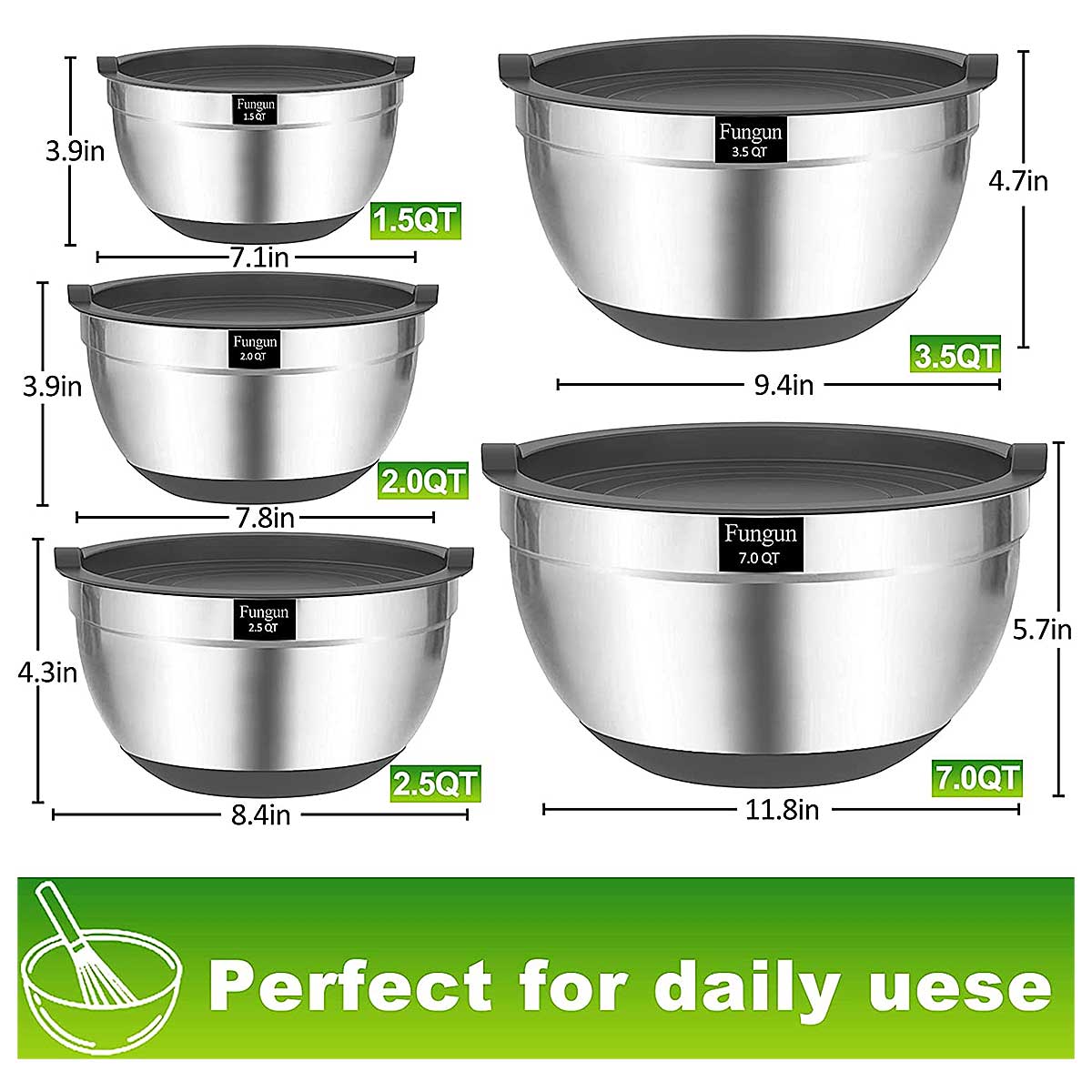 Set de 3 Bowls Fungen en Acero Inoxidable con Accesorios
