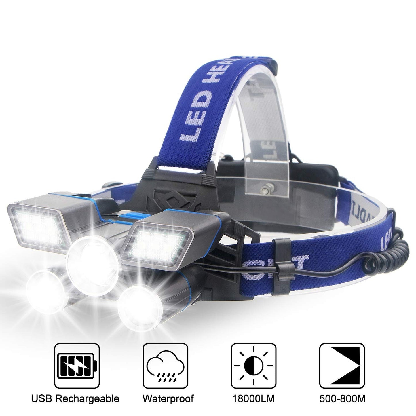 ZK20 - Linterna Frontal LED 18,000 Lúmenes, Impermeable, Recargable USB