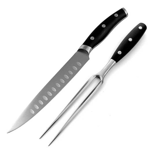 Fabricado con el mejor acero inoxidable Alemán forjado, nuestro cuchillo y trinche de alta calidad te proporcionarán precisión y facilidad al cortar y sostener carne